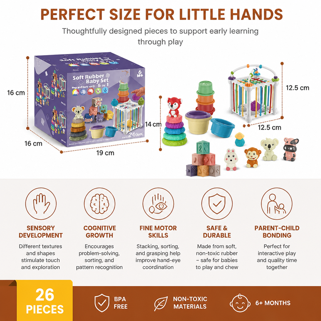 5-in-1 Montessori Soft Rubber Baby Sensory Play Set with Stacking & Sorting Toys – 26 Pieces
