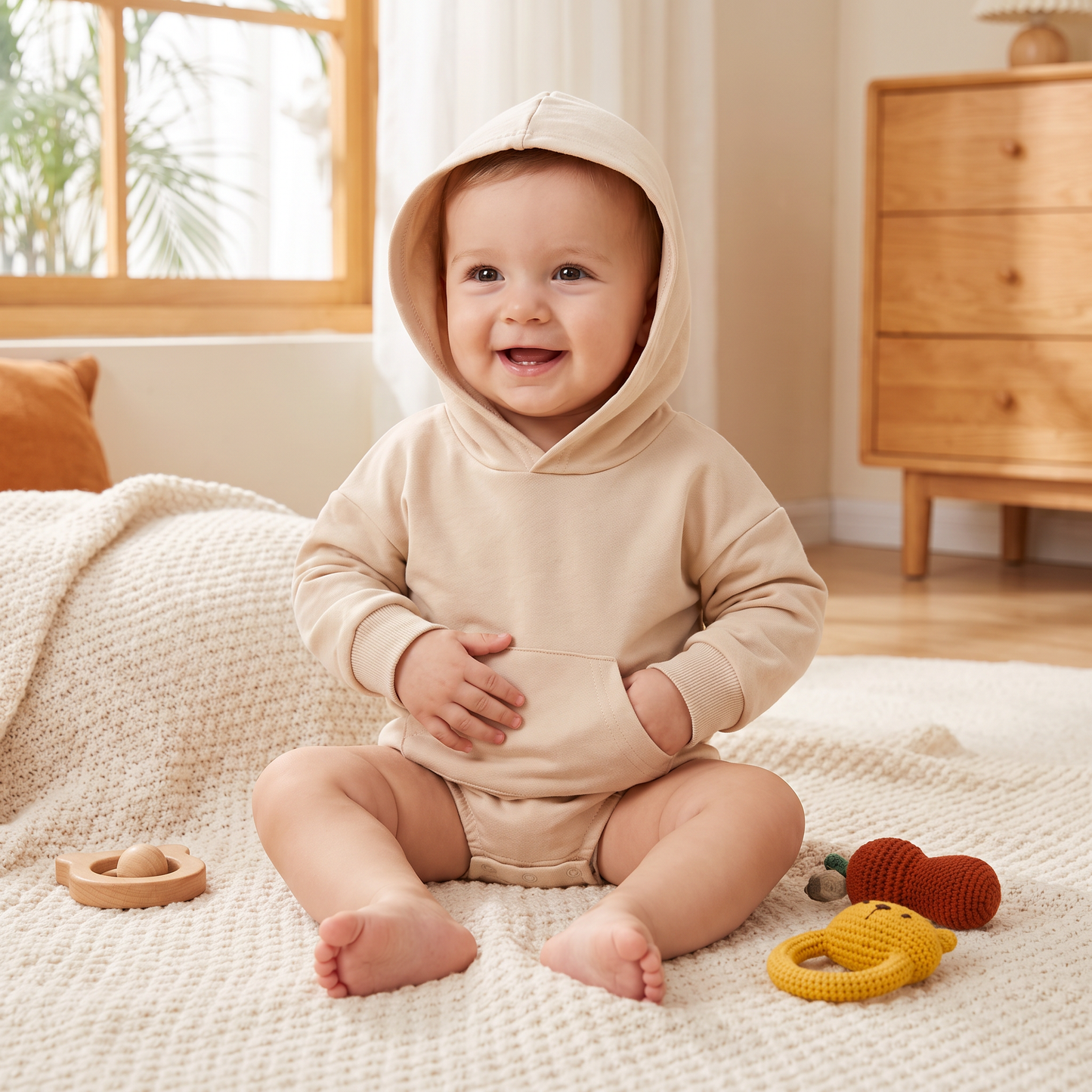 Hooded Baby Romper – Soft Long Sleeve Onesie with Front Pocket