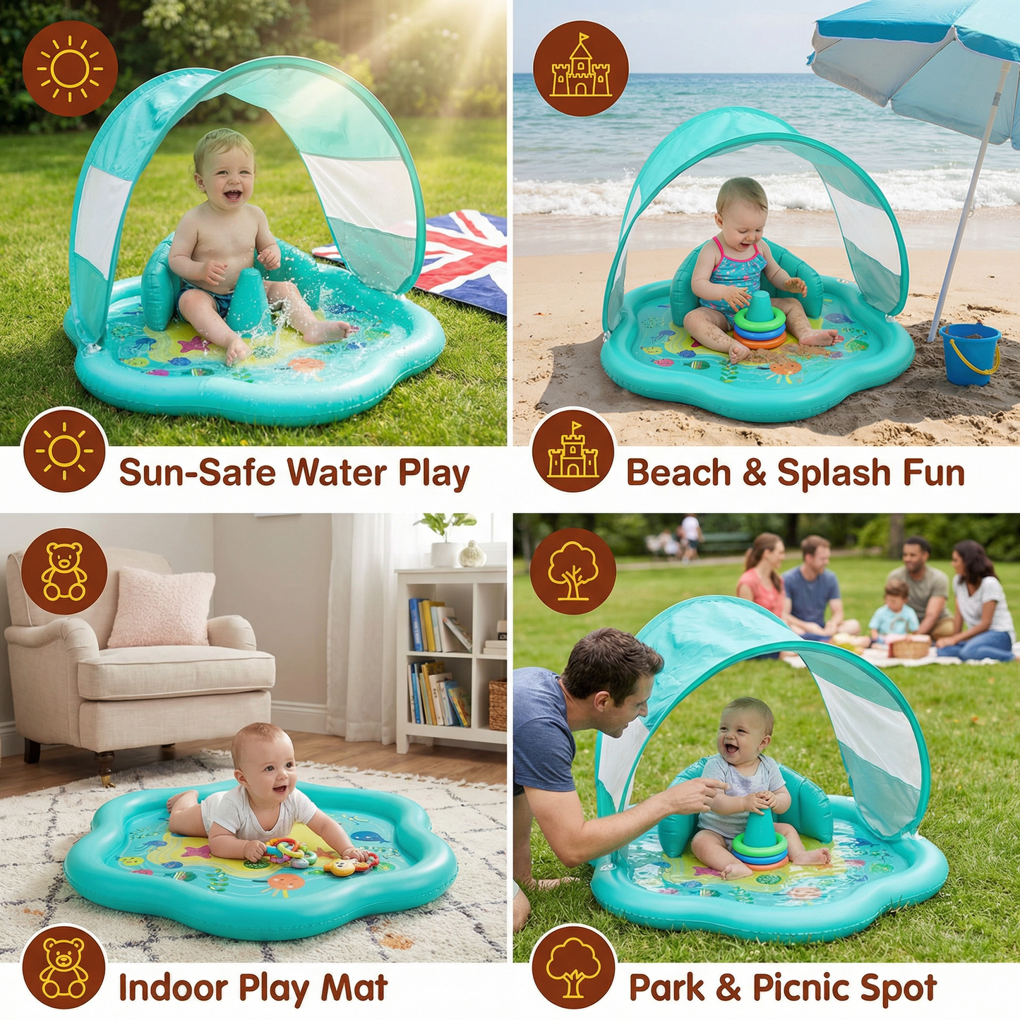 Inflatable Baby Splash Play Mat with Canopy – Water Play & Sun Protection for Toddlers
