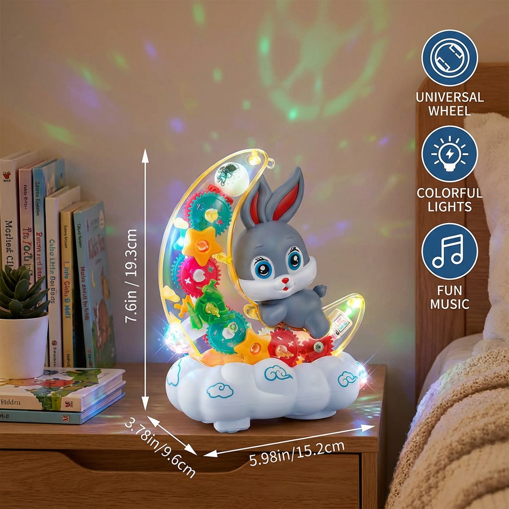 Light-Up Moon Bunny Toy – Transparent Gear Design with Music & LED Lights