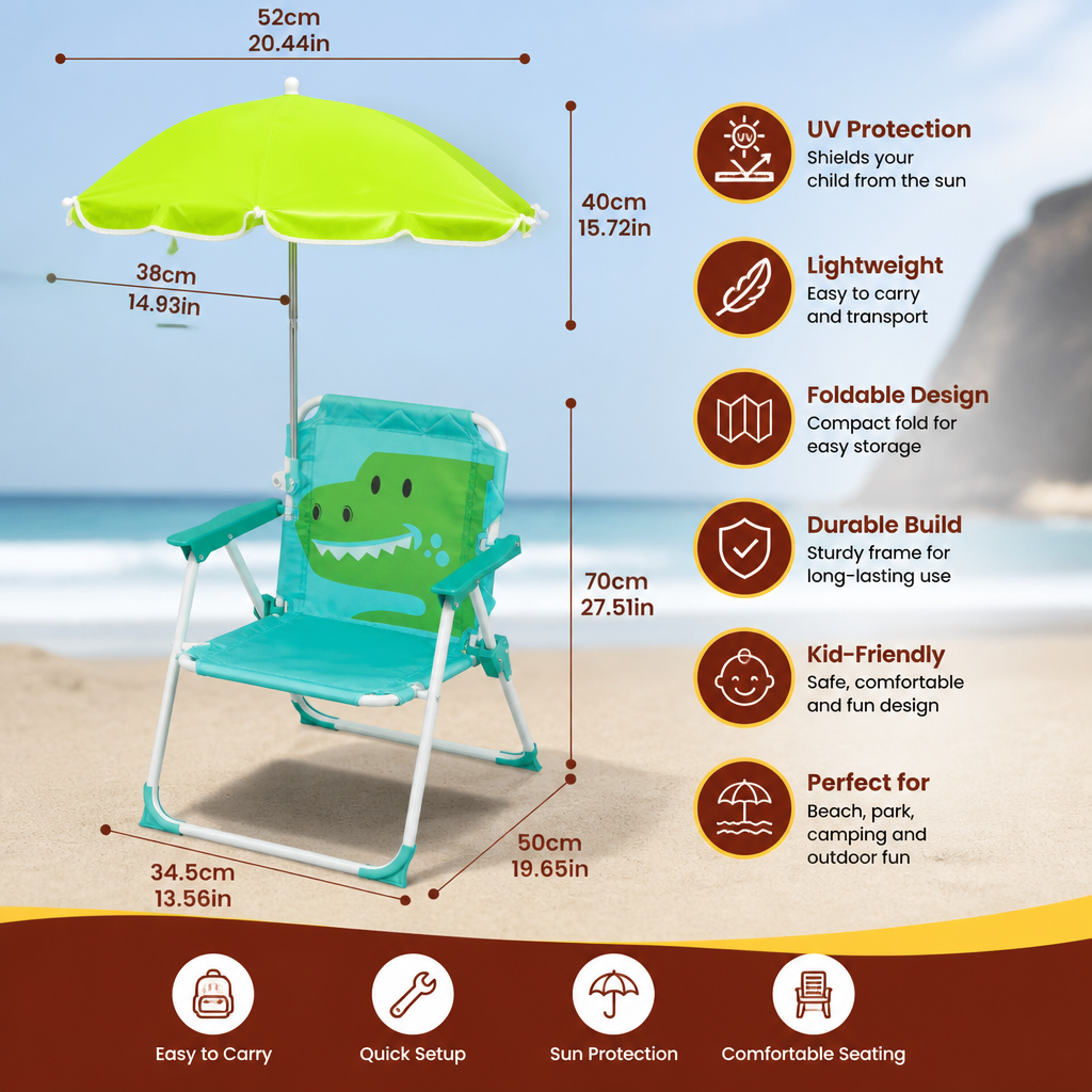 Foldable Kids Beach Chair with Umbrella and Dino Design