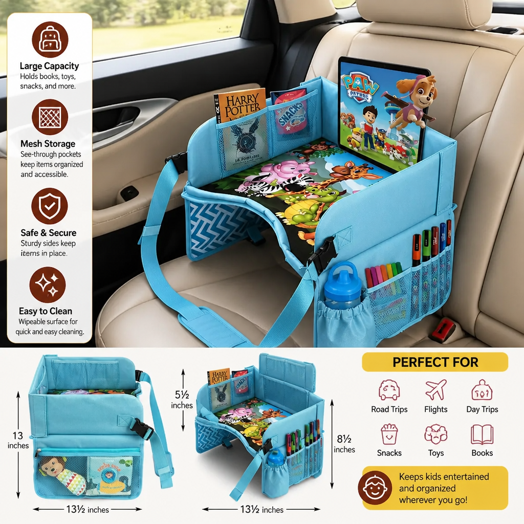 Kids Car Travel Tray with Storage Pockets and Activity Surface
