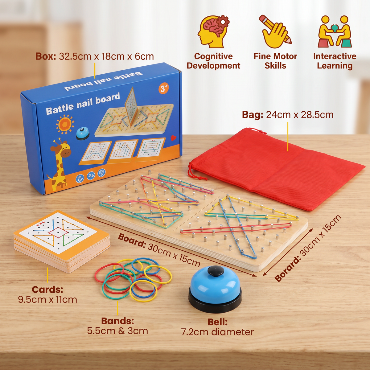 Montessori Wooden Geometry Battle Game with Colorful Rubber Bands