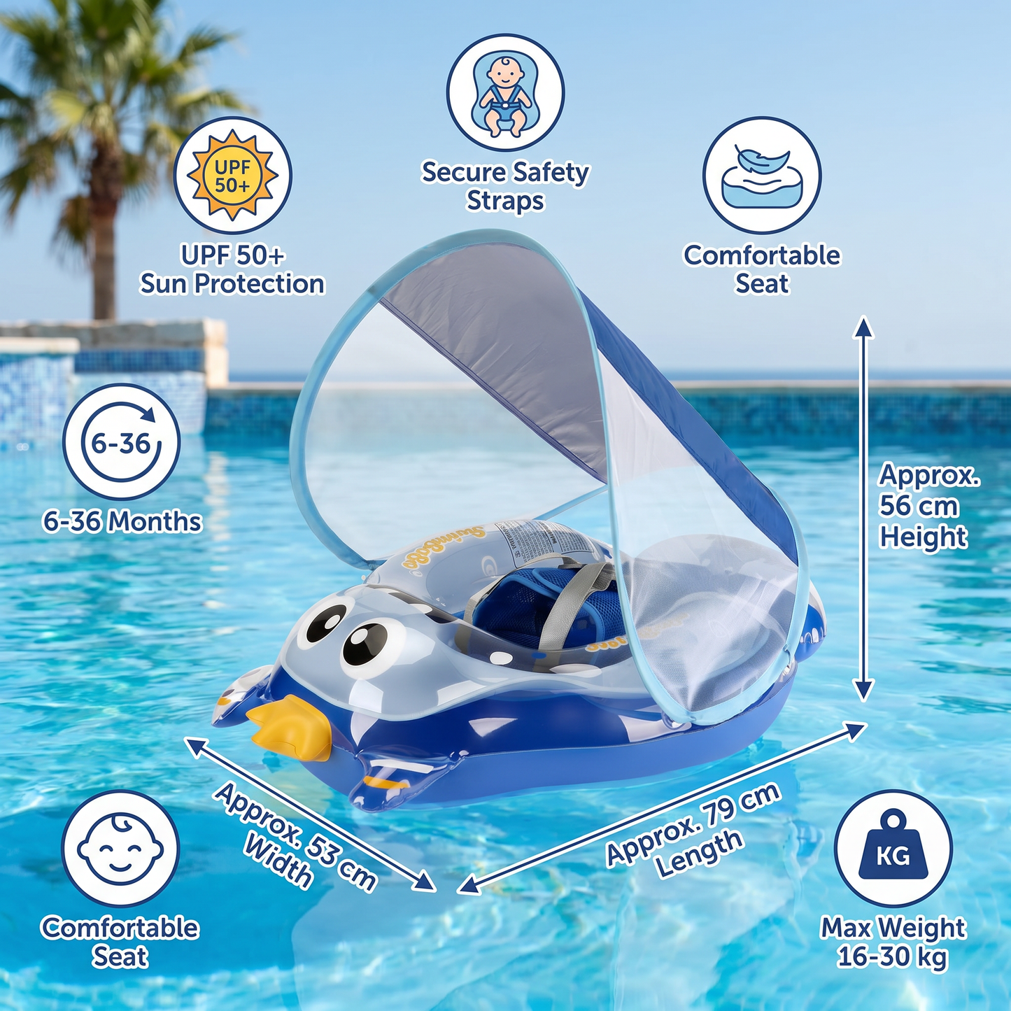 Inflatable Baby Swim Ring with Shoulder Straps & Sun Canopy – Safe Pool Seat for Babies