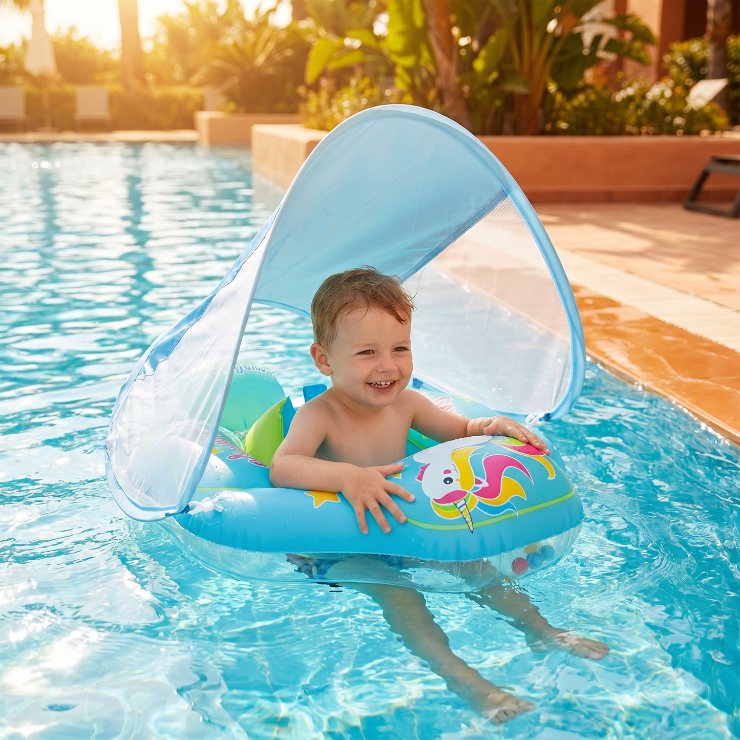 Baby Swim Float with Sun Canopy – Inflatable Infant Swimming Ring for Safe Water Fun