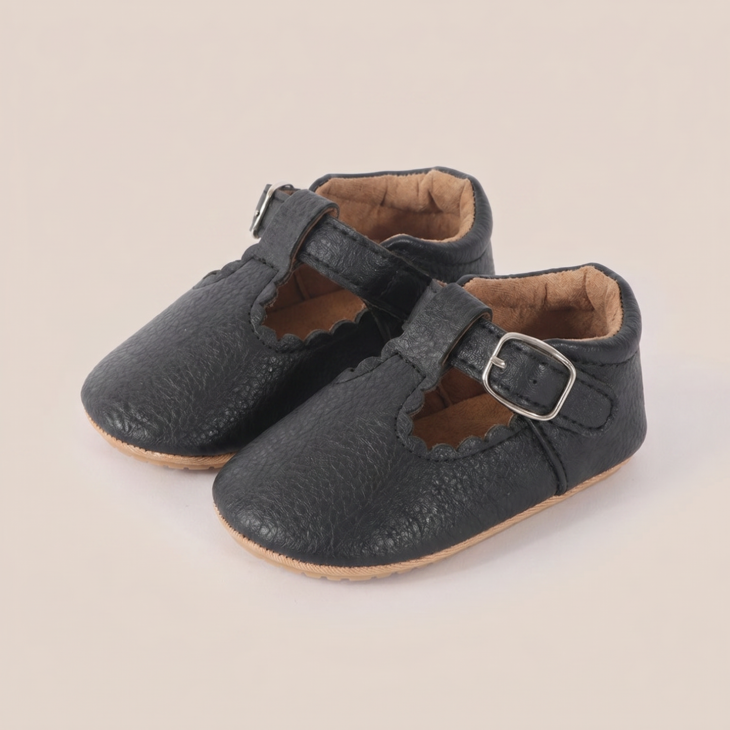 Scallop T-Strap Buckle Shoes