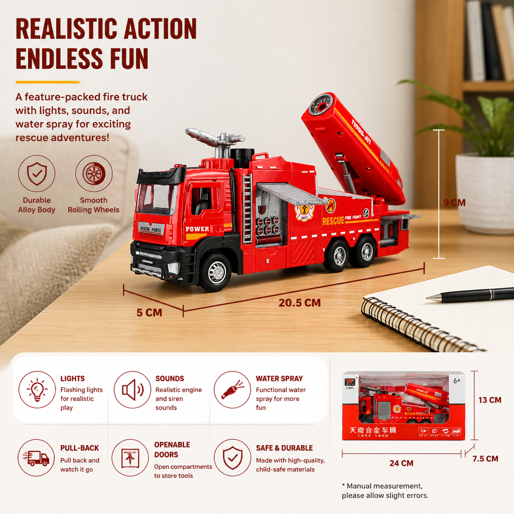 Pull-Back Fire Truck Toy with Water Spray, Lights & Sounds
