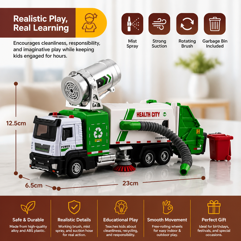 Die-Cast Street Sweeper Toy Truck with Vacuum Hose & Mist Spray