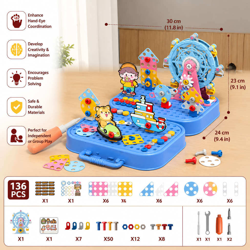 DIY Kids Engineering Tool Box with Building Board, Ferris Wheel & Electric Drill