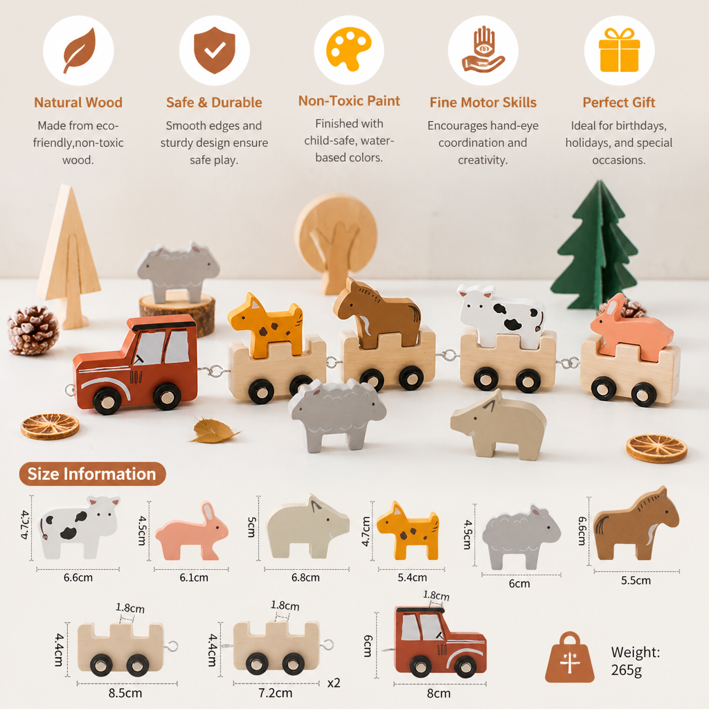Wooden Farm Animal Train – Toy with Flexible Wheels for Children