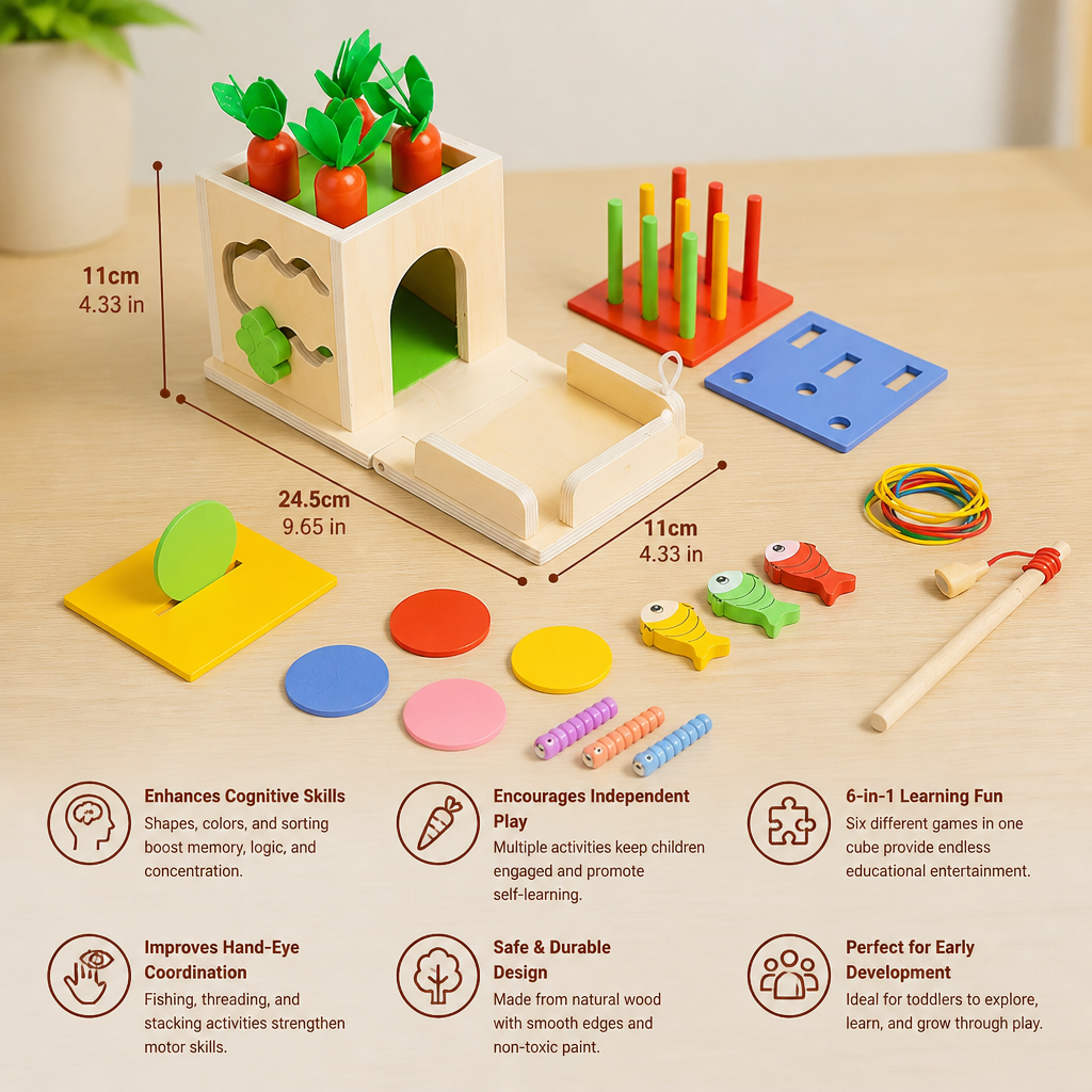 6-in-1 Montessori Wooden Shapes and Figures Educational Cube