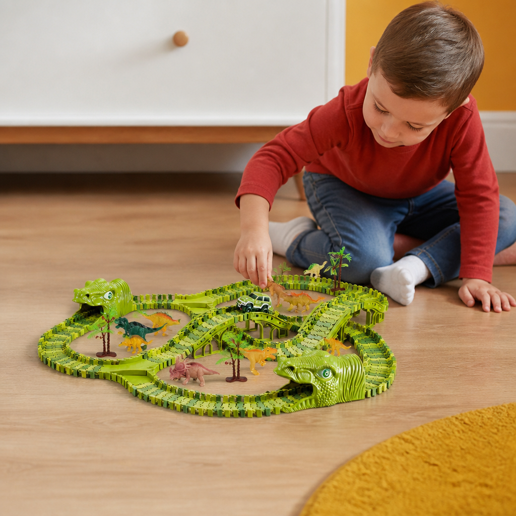 215-Piece Dinosaur Race Track Set with Motorized Cars, Bridge & Dinosaur Figures