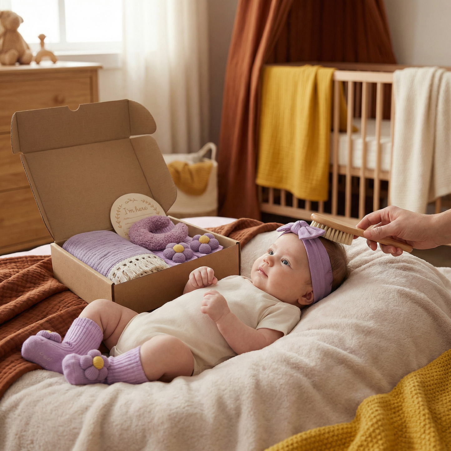 Baby Care Gift Box – Towel, Socks or Headband & Bath Brush for Newborns