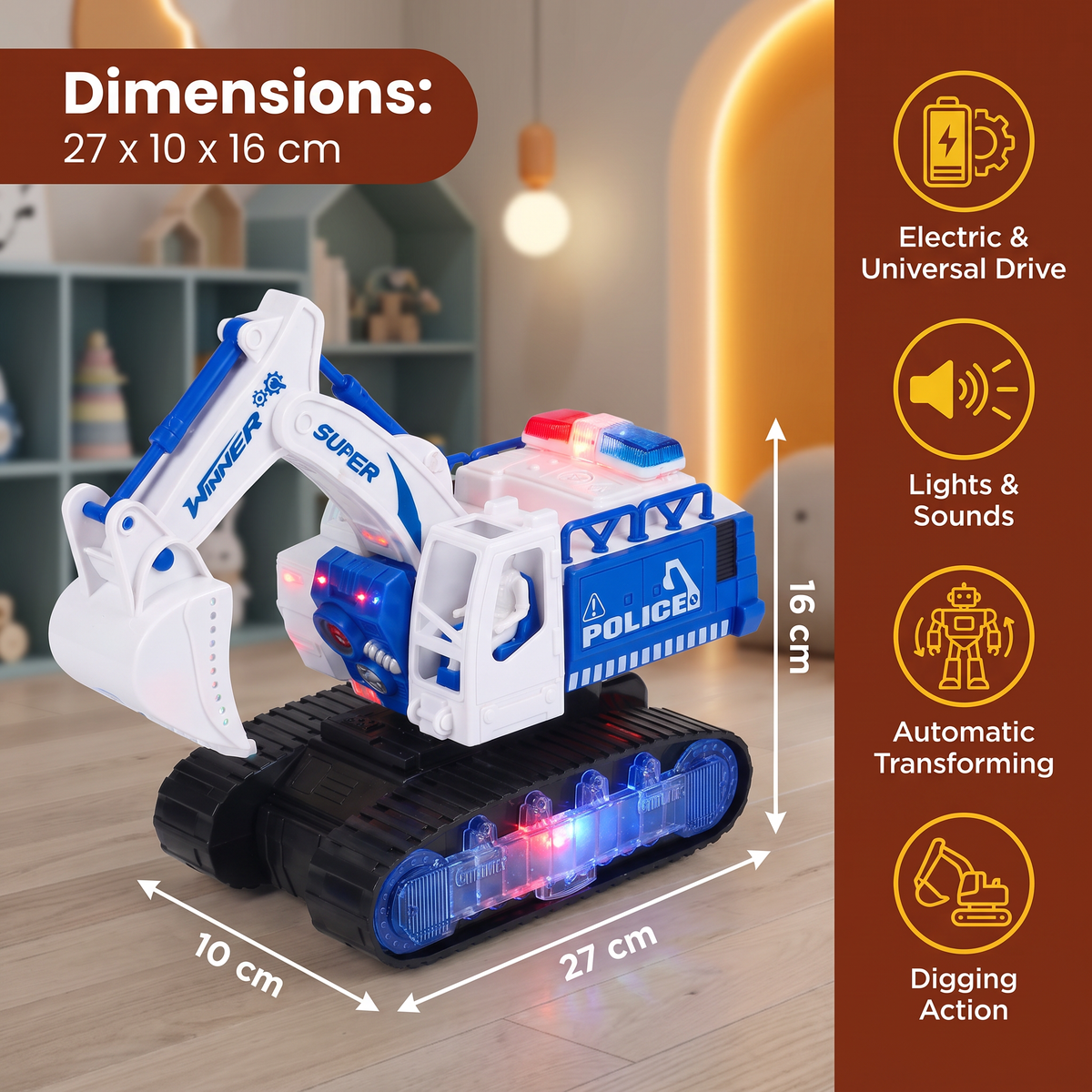 Electric Transforming Robot Excavator Toy with Lights & Sounds