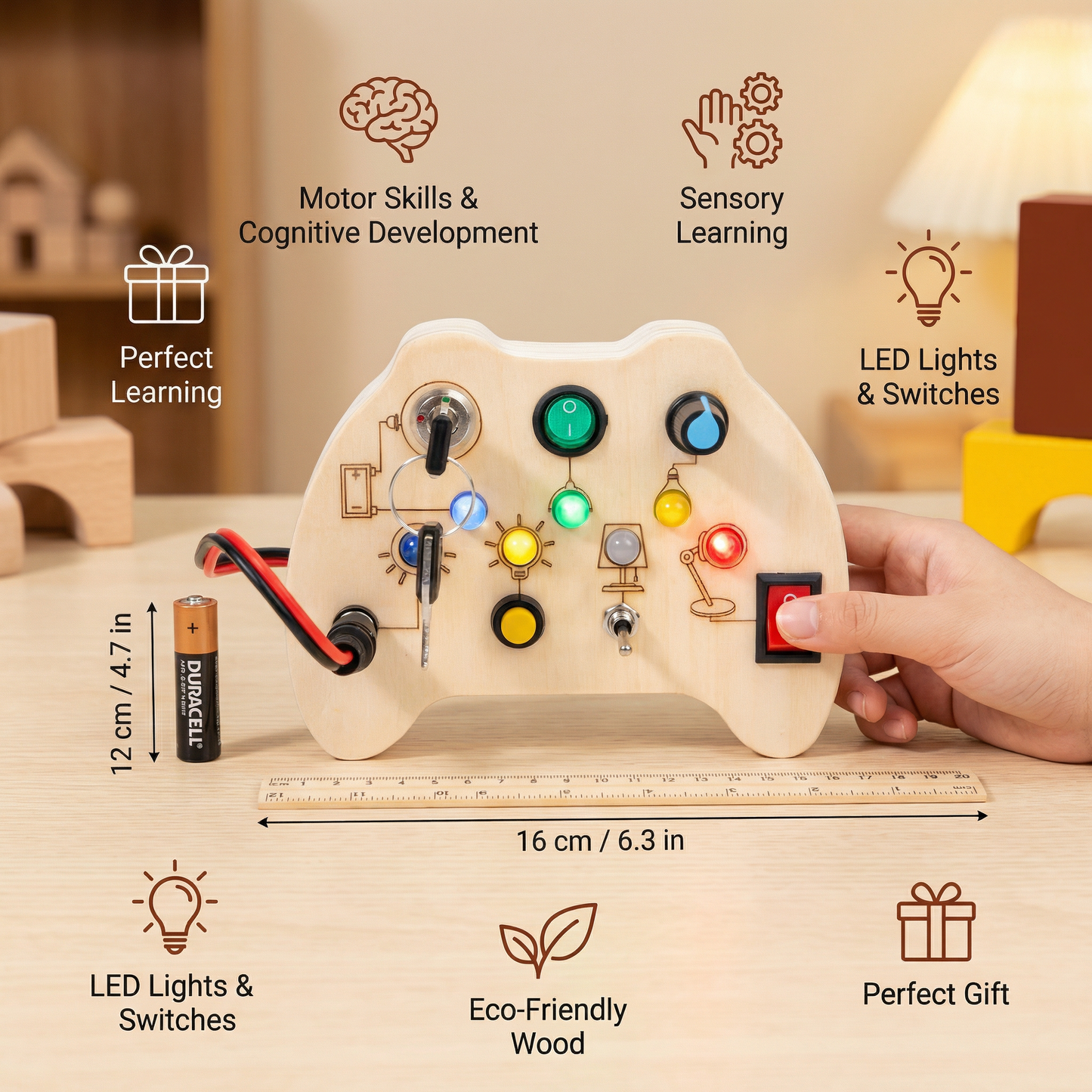 Wooden LED Busy Board Controller – Montessori Sensory Learning Toy for Motor Skills