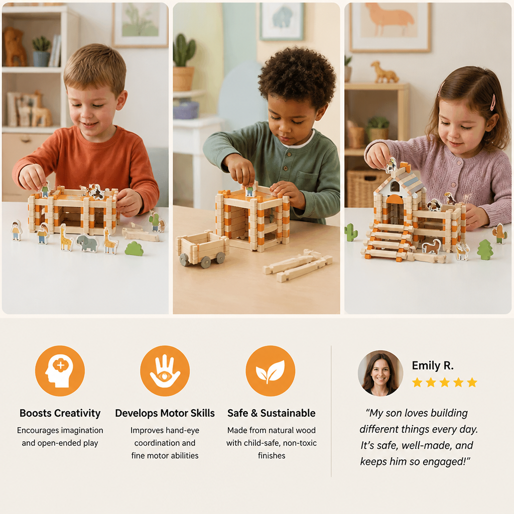 Montessori wooden building block set – natural stacking and construction toy