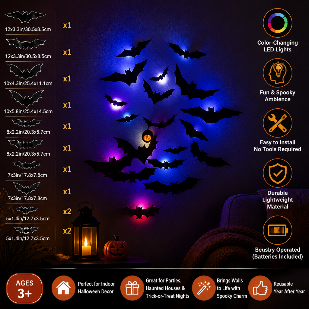 3D LED Halloween Bat Wall Decoration with Color-Changing Lights