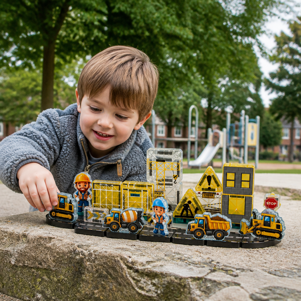 40-Piece Magnetic Travel Building Set with Construction, Fire Truck & Police Vehicles