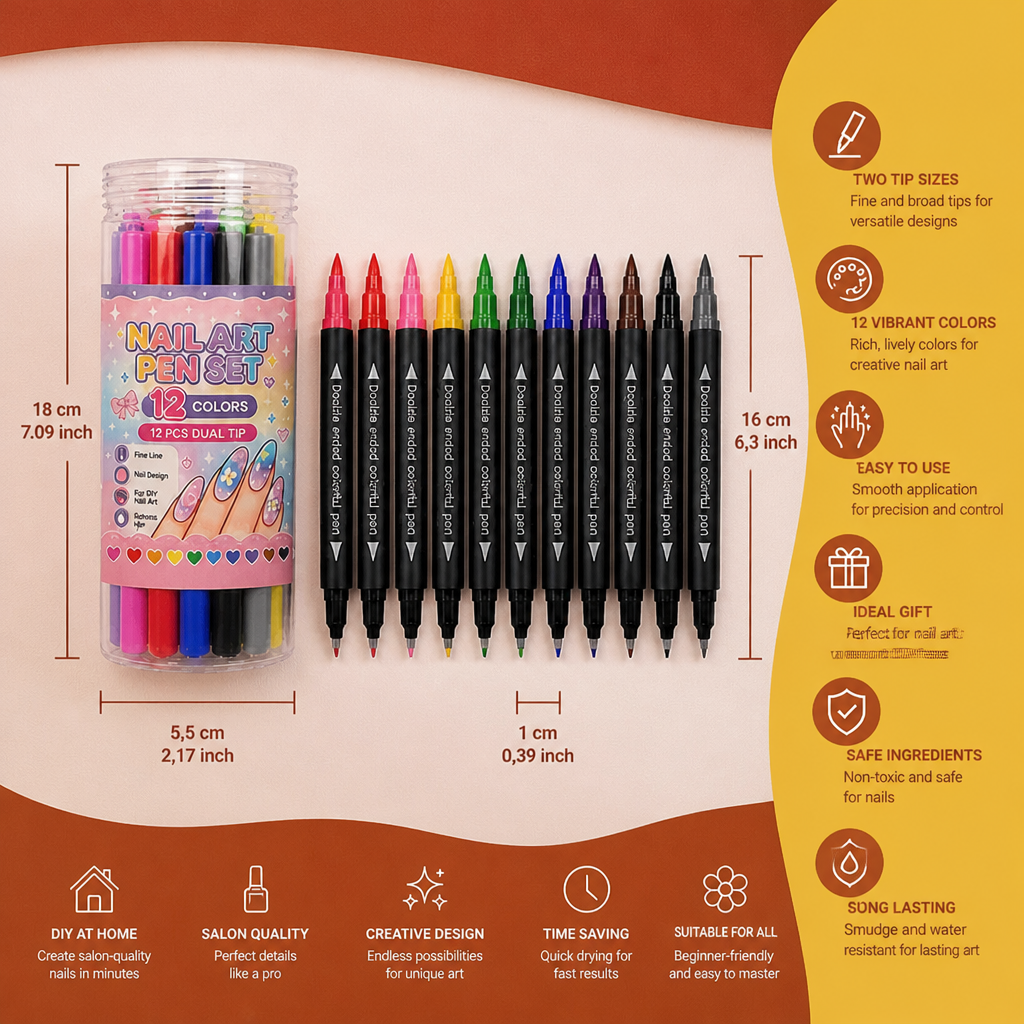 12-Color Dual-Tip Nail Art Pen Set – Fine Detail & Creative Designs