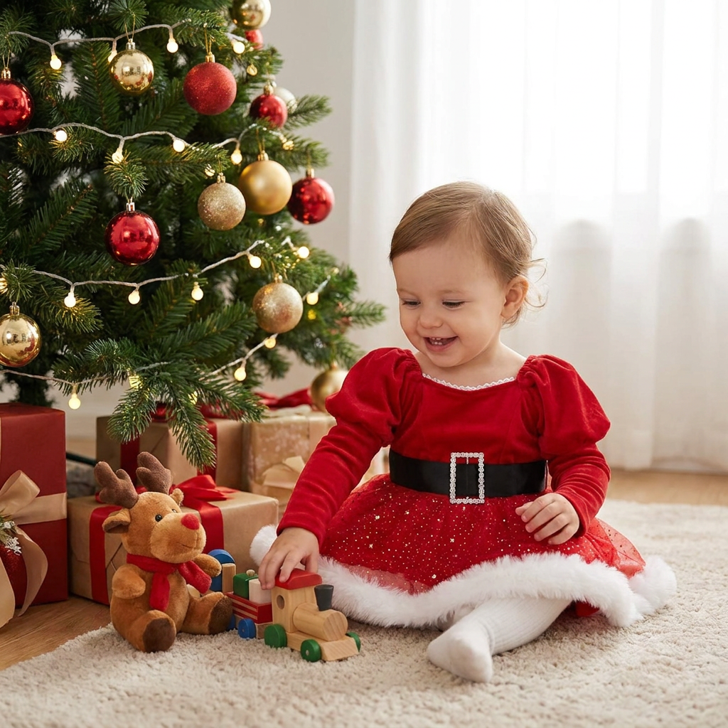 Baby Girl’s My First Christmas Long-Sleeve Romper Dress