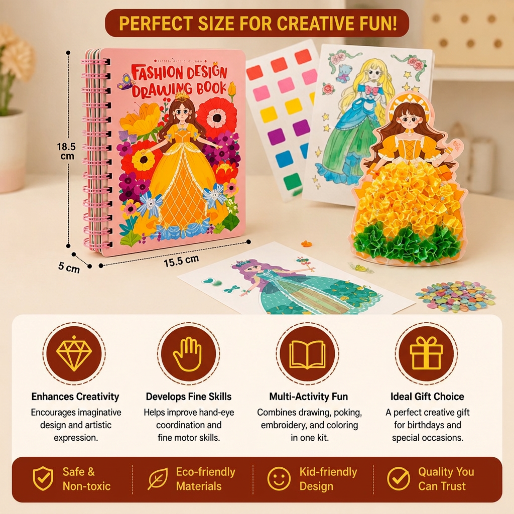 4-in-1 Fairy Princess Diamond Painting, Poke-In, Embroidery & Watercolor Art Kit for Kids