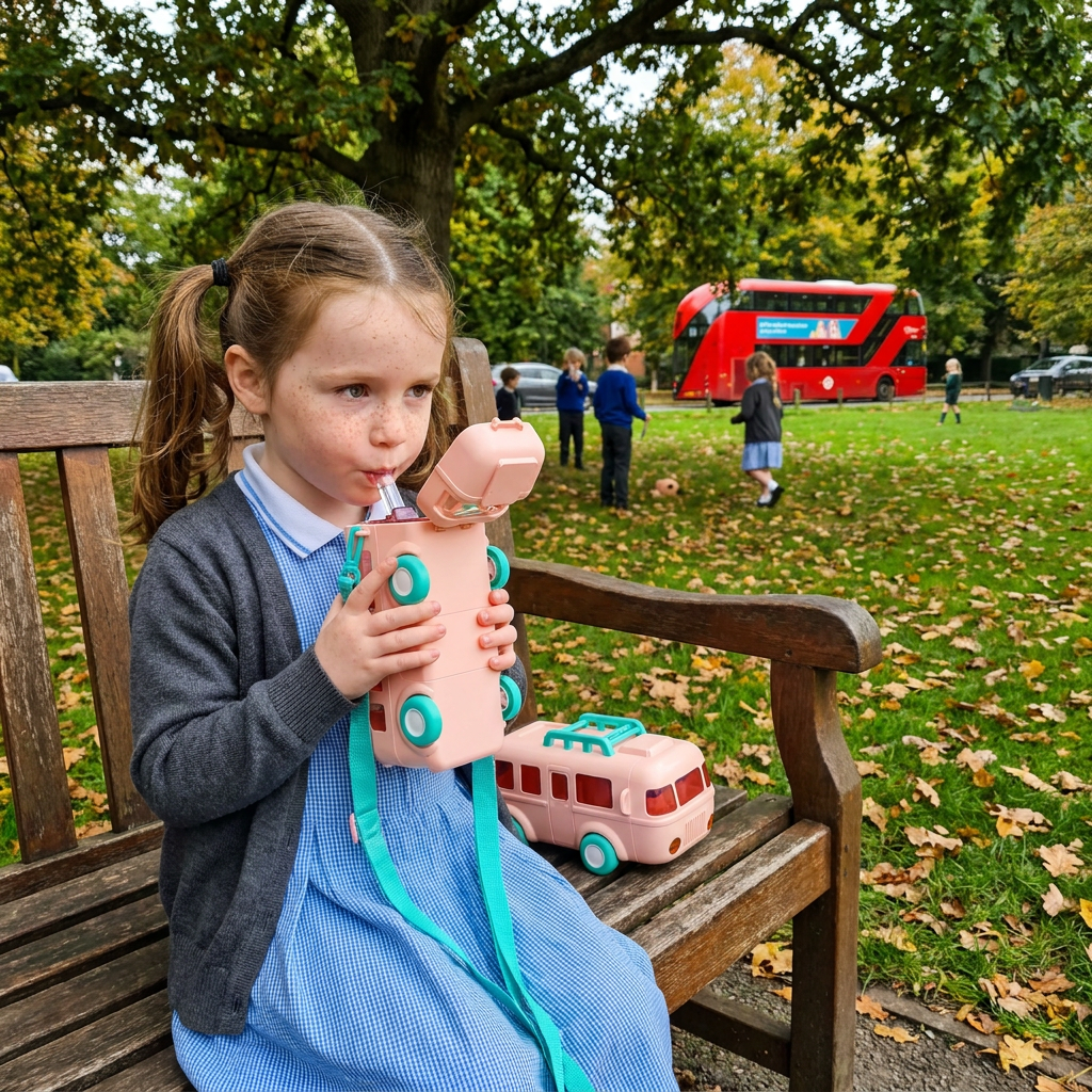 Kids Bus Shaped Water Bottle with Straw and Adjustable Strap