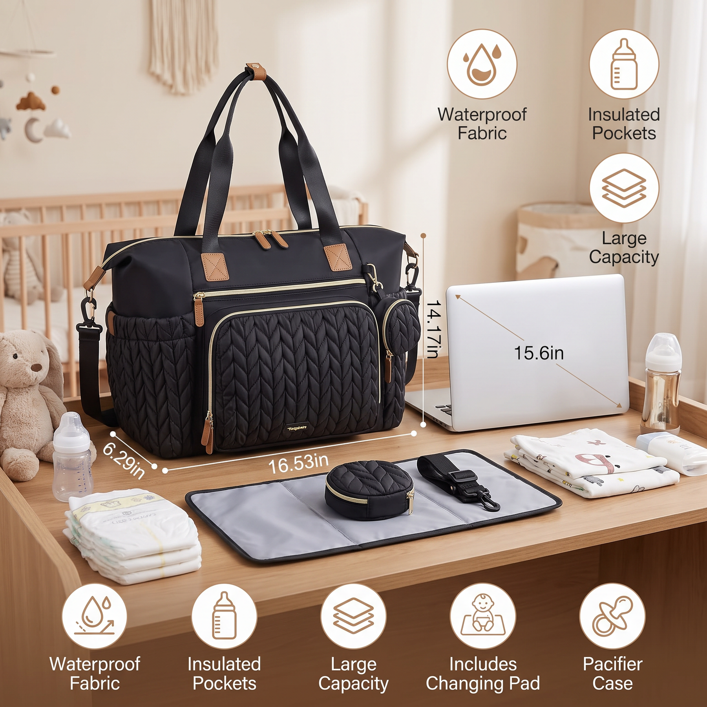 Lightweight Waterproof Diaper Tote Bag – Large Capacity with Changing Pad & Pacifier Case