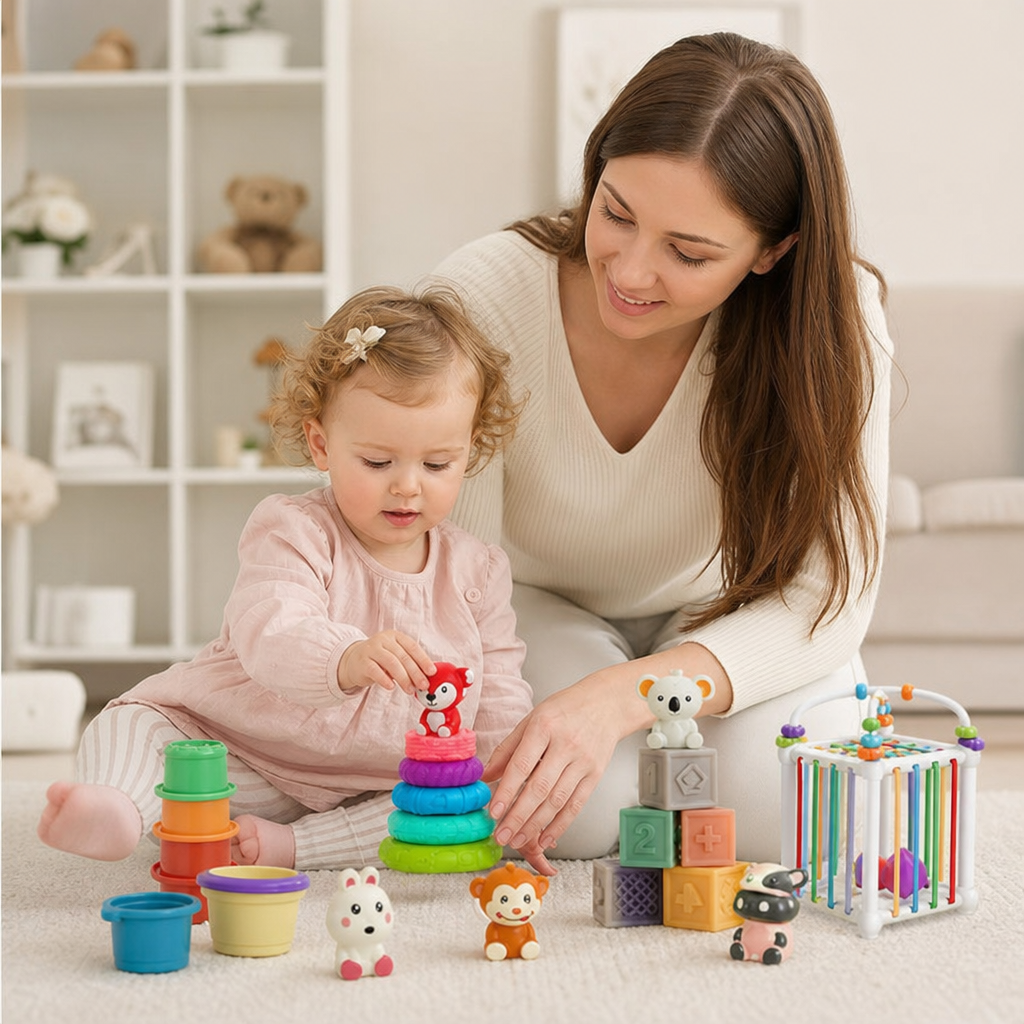 5-in-1 Montessori Soft Rubber Baby Sensory Play Set with Stacking & Sorting Toys – 26 Pieces
