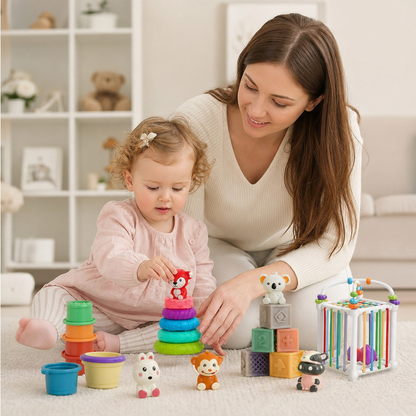 5-in-1 Montessori Soft Rubber Baby Sensory Play Set with Stacking & Sorting Toys – 26 Pieces