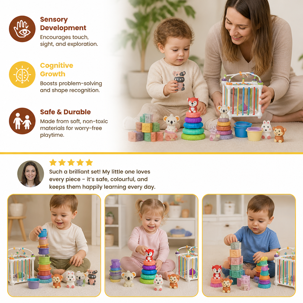5-in-1 Montessori Soft Rubber Baby Sensory Play Set with Stacking & Sorting Toys – 26 Pieces