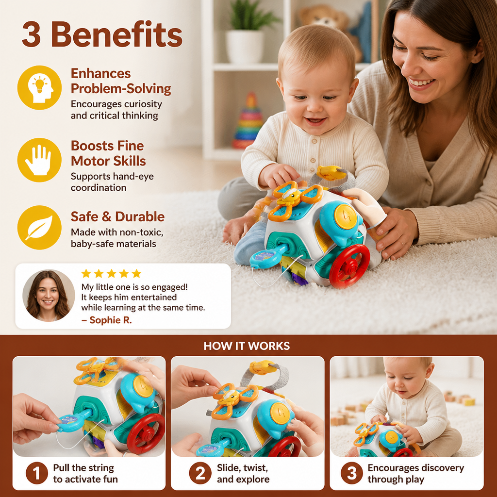 Baby Busy Cube with 10 Activities Montessori Sensory Learning Toy
