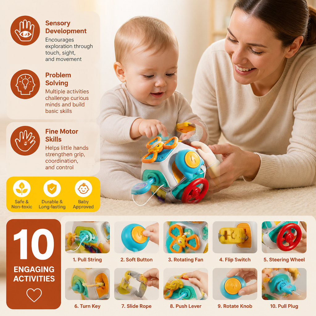 Baby Busy Cube with 10 Activities Montessori Sensory Learning Toy