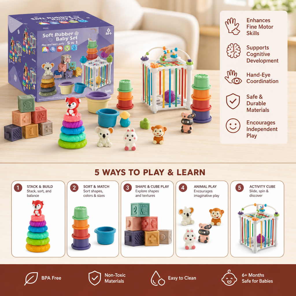 5-in-1 Montessori Soft Rubber Baby Sensory Play Set with Stacking & Sorting Toys – 26 Pieces