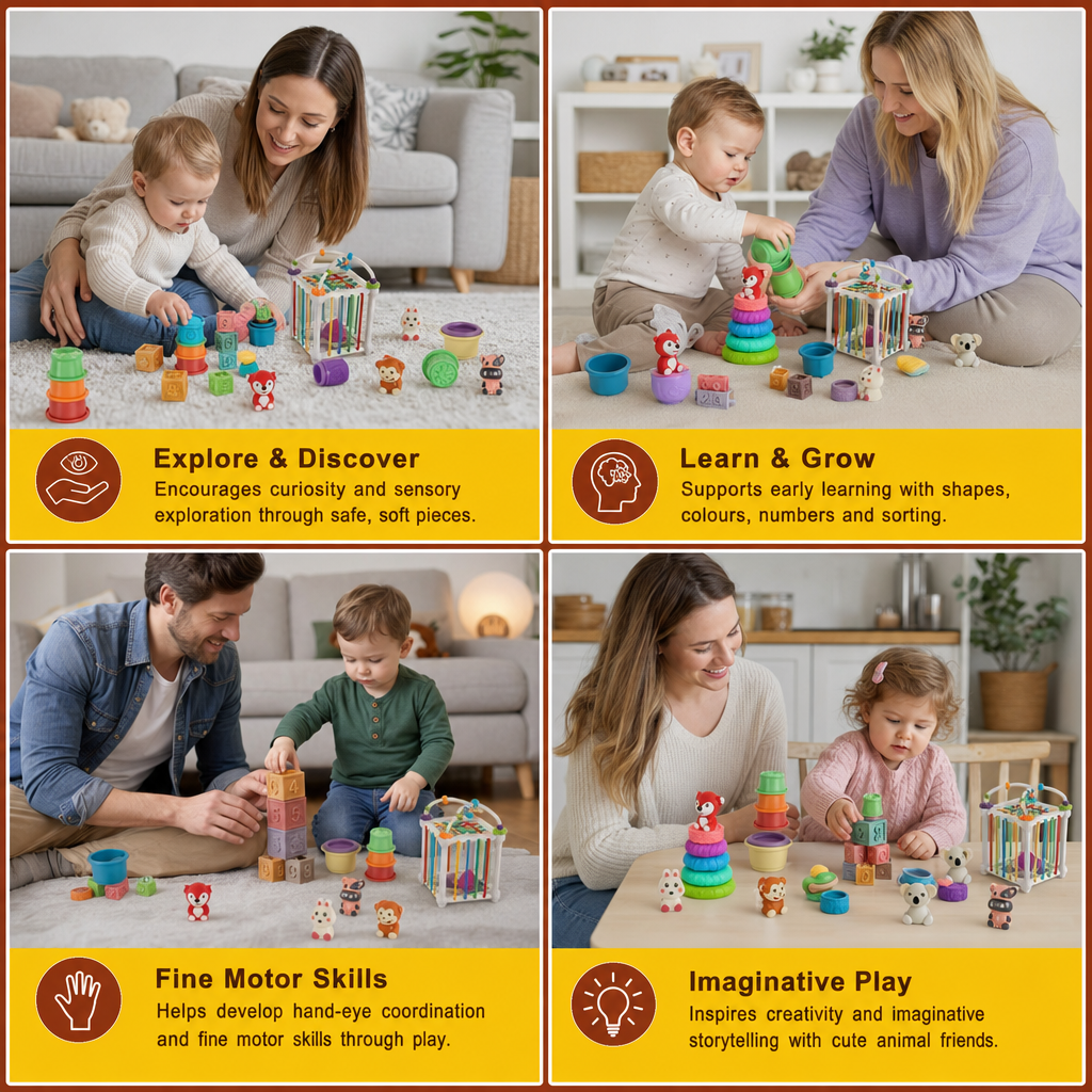 5-in-1 Montessori Soft Rubber Baby Sensory Play Set with Stacking & Sorting Toys – 26 Pieces