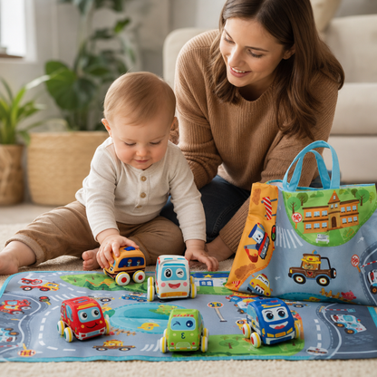 Soft Plush Pull-Back Car Set with 2-in-1 Play Mat & Storage Bag