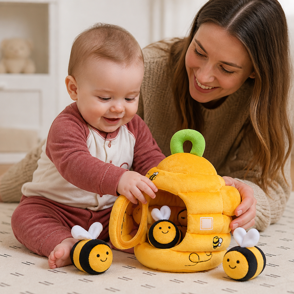 Baby Beehive Sensory Toy with Bee Rattles Squeaker and Mirror