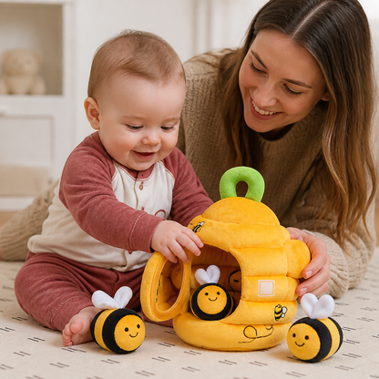 Baby Beehive Sensory Toy with Bee Rattles Squeaker and Mirror