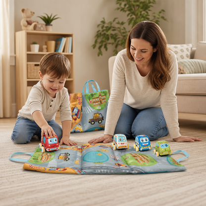 Soft Plush Pull-Back Car Set with 2-in-1 Play Mat & Storage Bag