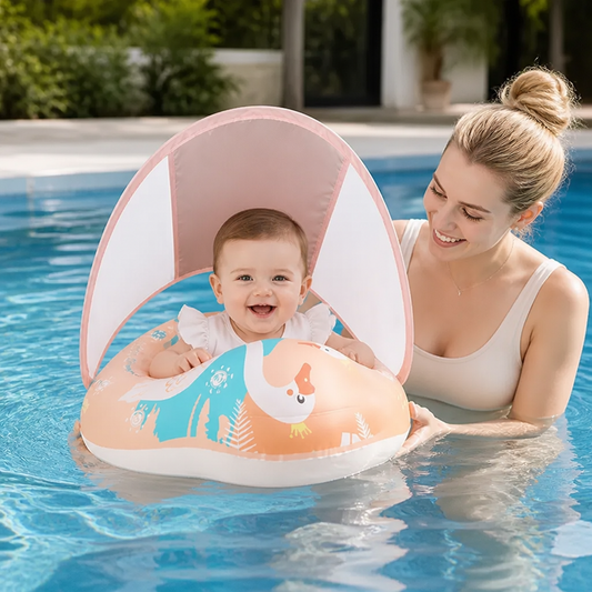 Swan Baby Swim Ring with Sun Canopy – Inflatable Safety Float Seat for Babies