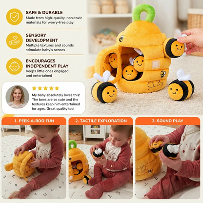 Baby Beehive Sensory Toy with Bee Rattles Squeaker and Mirror