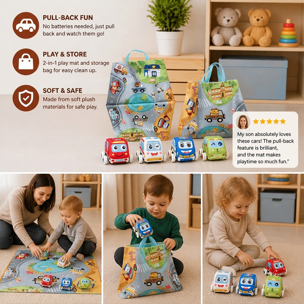 Soft Plush Pull-Back Car Set with 2-in-1 Play Mat & Storage Bag