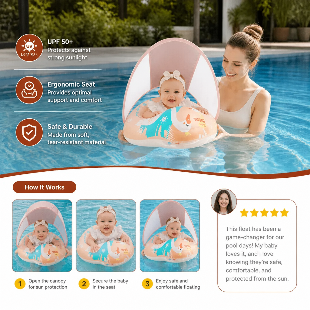 Swan Baby Swim Ring with Sun Canopy – Inflatable Safety Float Seat for Babies