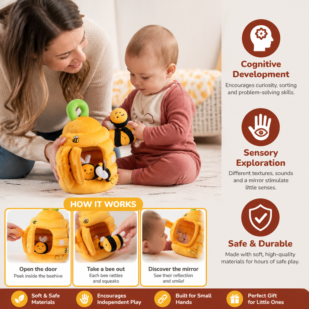 Baby Beehive Sensory Toy with Bee Rattles Squeaker and Mirror