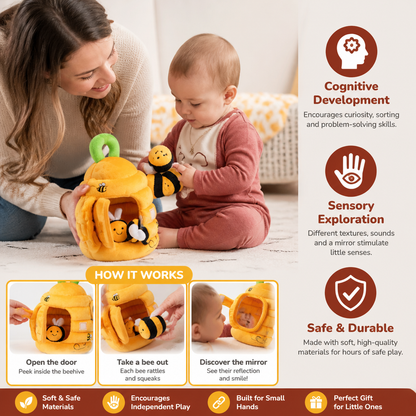Baby Beehive Sensory Toy with Bee Rattles Squeaker and Mirror