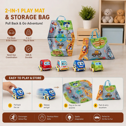 Soft Plush Pull-Back Car Set with 2-in-1 Play Mat & Storage Bag