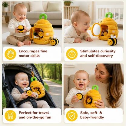 Baby Beehive Sensory Toy with Bee Rattles Squeaker and Mirror