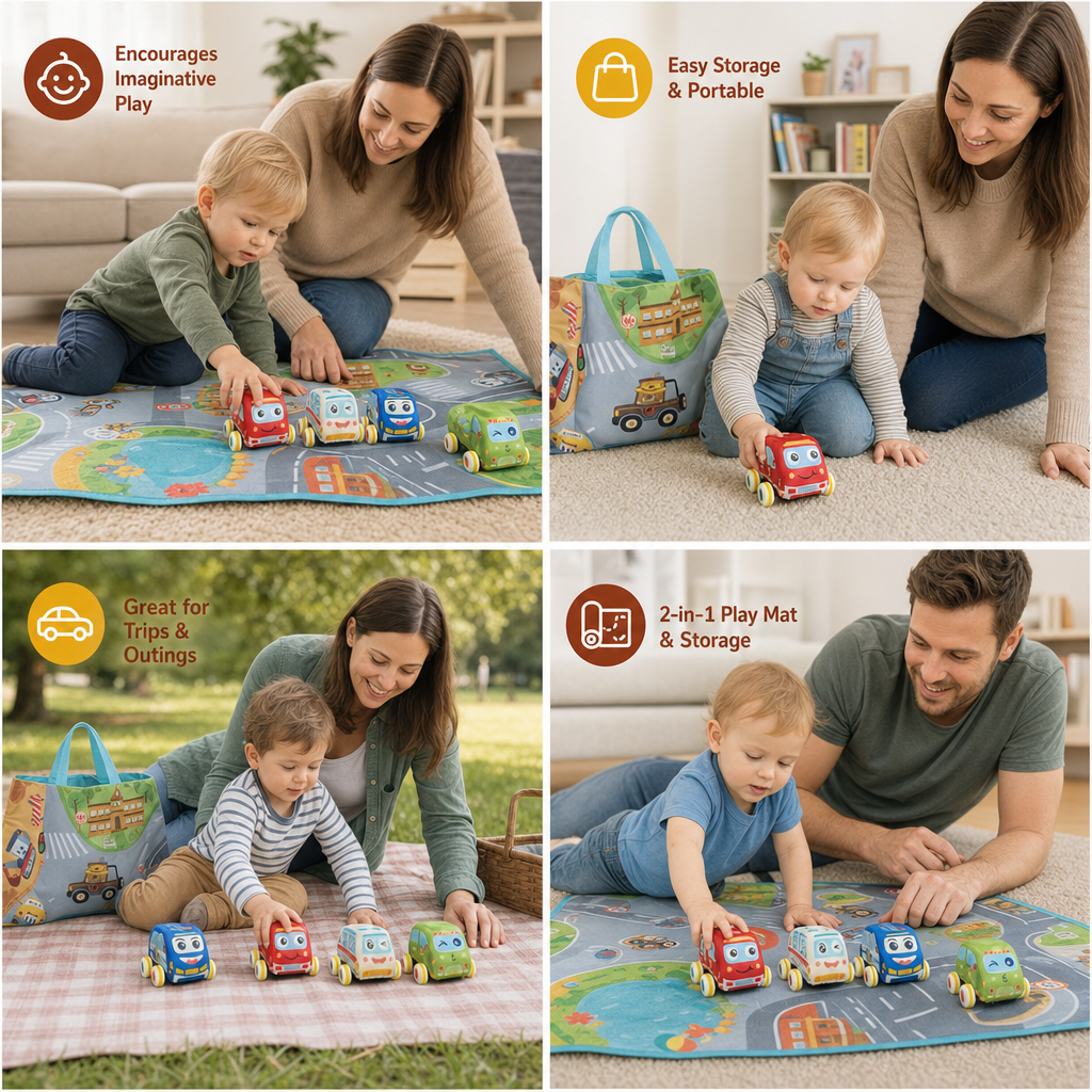 Soft Plush Pull-Back Car Set with 2-in-1 Play Mat & Storage Bag