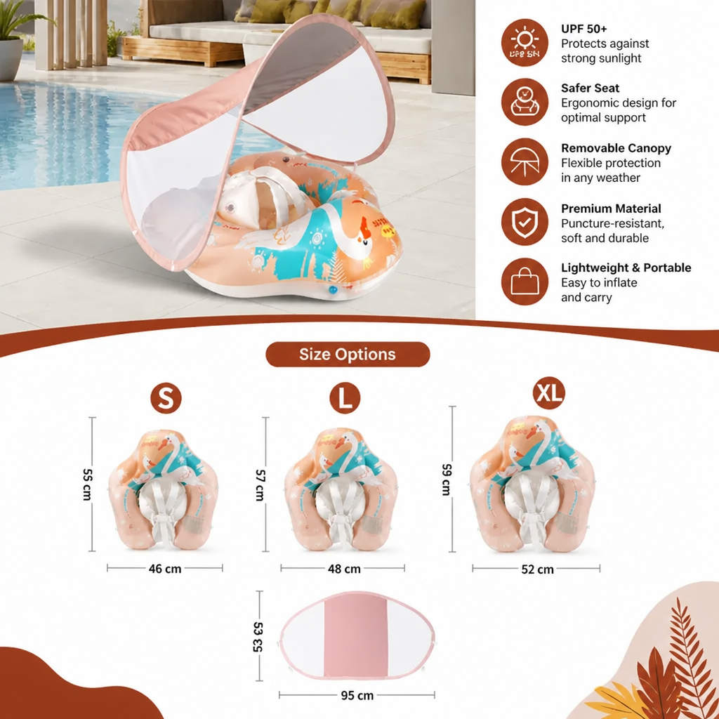 Swan Baby Swim Ring with Sun Canopy – Inflatable Safety Float Seat for Babies