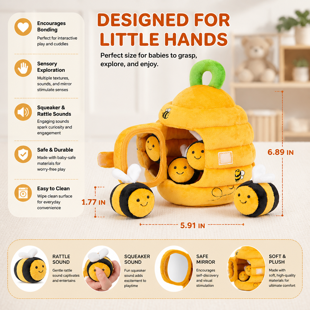Baby Beehive Sensory Toy with Bee Rattles Squeaker and Mirror