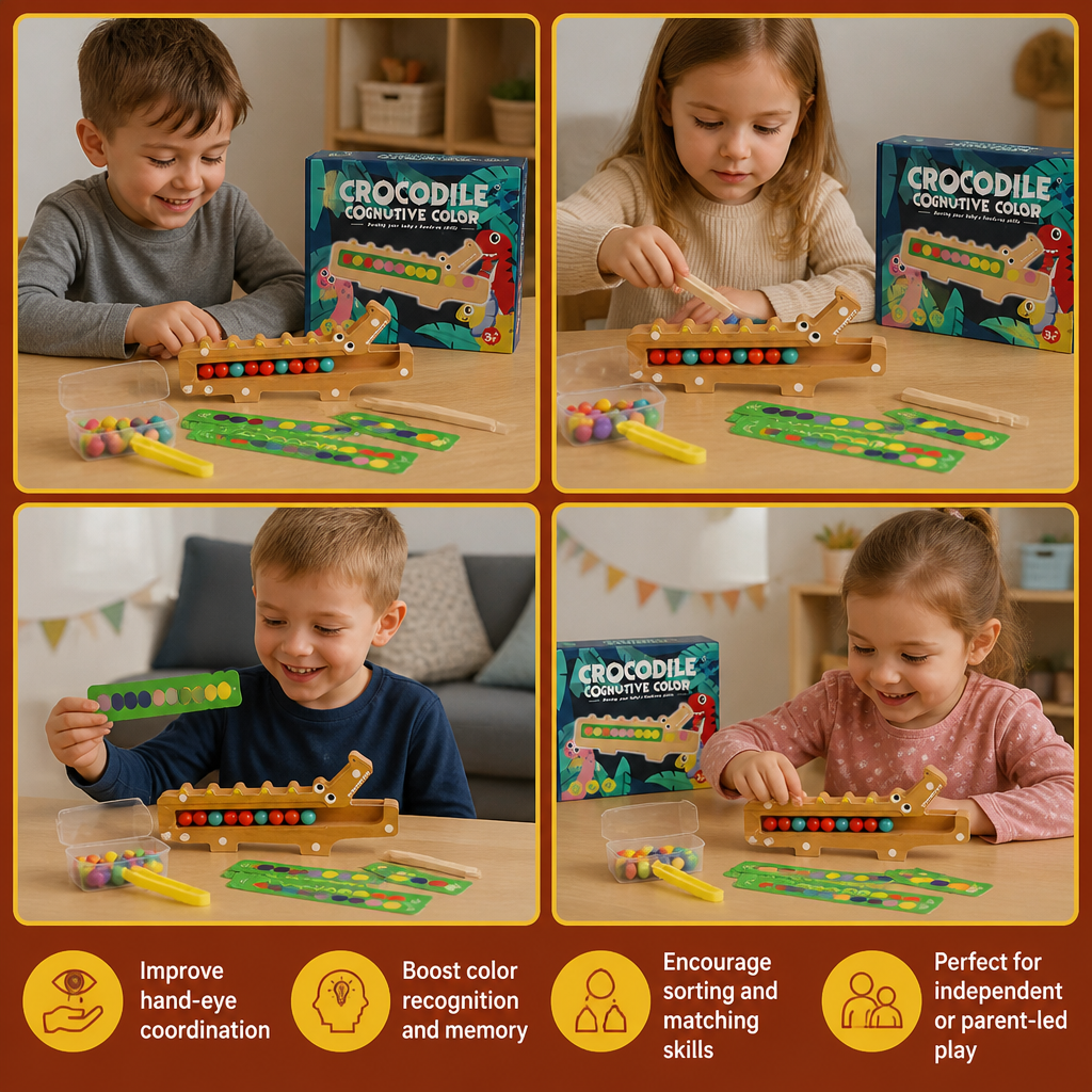 Crocodile Color Game – Educational Game with Sorting Cards and Wooden Toy